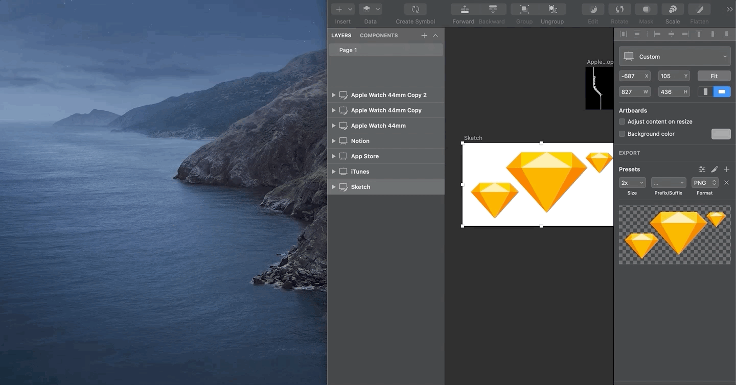 A GIF describing how to drag and drop assets in Sketch.