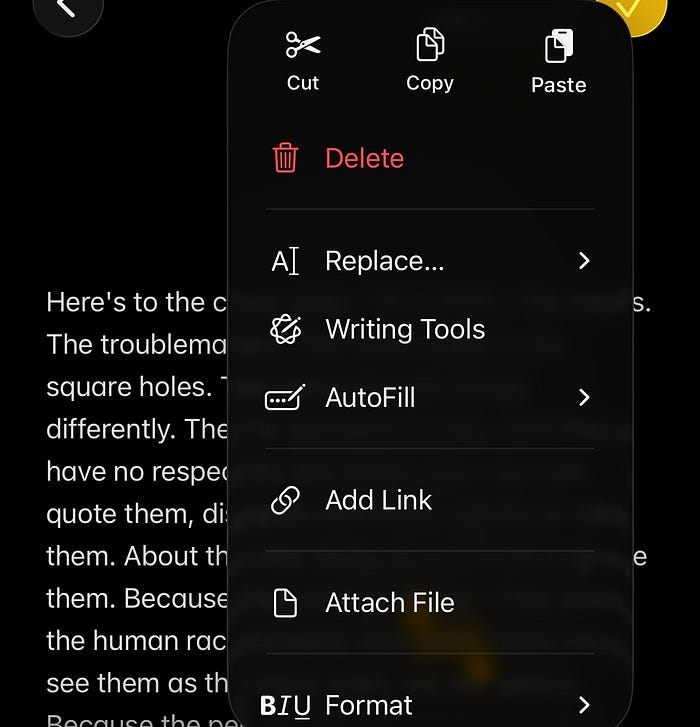 Text options advanced menu in iOS 26.1