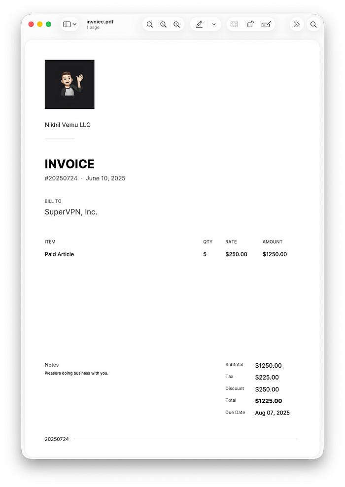 Invoice generated using ‘invoice’