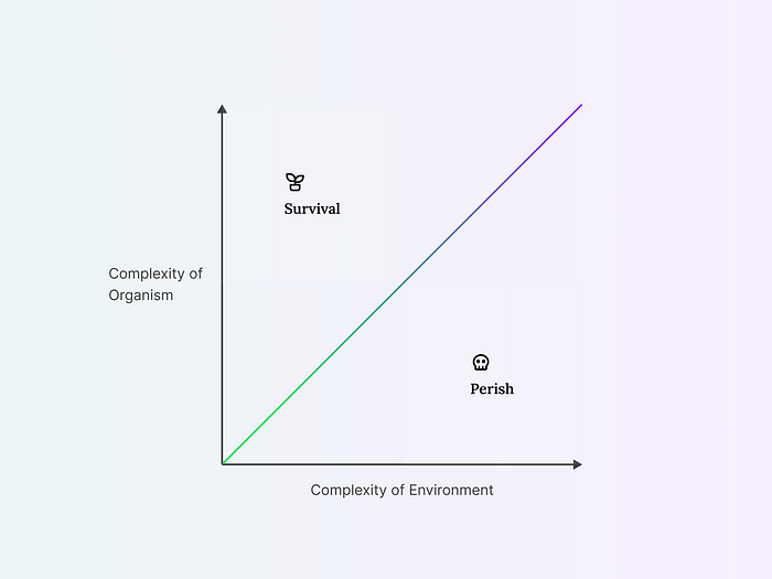 A chart showing Ashby’s law where X axis represents the complexity of the environment and Y axis complexity of organism.