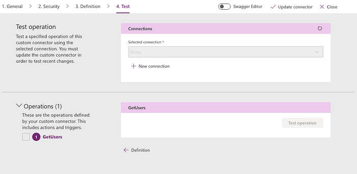Create custom connector in Power Apps environment, Test and Create connection step — Cloudatica example