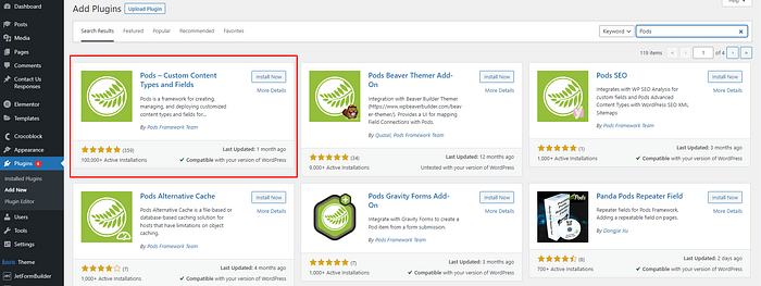 Download and activate Pods plugin