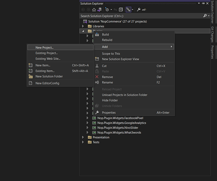 Adding a new plugin project in visual studio 2022 for nopCommerce 4.60