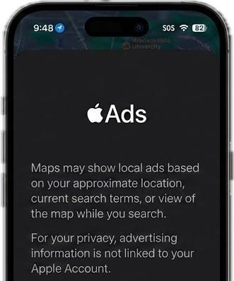 Fine print of Apple Maps ads in iOS 26.5
