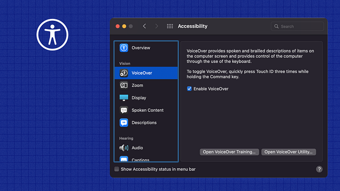 A screenshot of the control panel for Apple’s macOS Accessibility features, focusing on the options for VoiceOver.