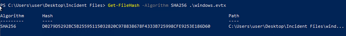 PowerShell usage of Get-FileHash cmdlet to calculate the SHA256 hash of windows.evtx.