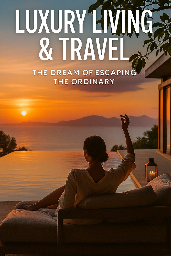 A barefoot woman in a flowing linen dress steps onto the deck of a private overwater villa at golden hour, surrounded by lush tropical greenery. The infinity pool reflects soft pink and amber hues of the ocean and sky. A teak table holds a leather-bound journal and espresso cup, while a sailboat drifts across the horizon. The scene evokes serenity, intentional living, and the essence of modern luxury travel.