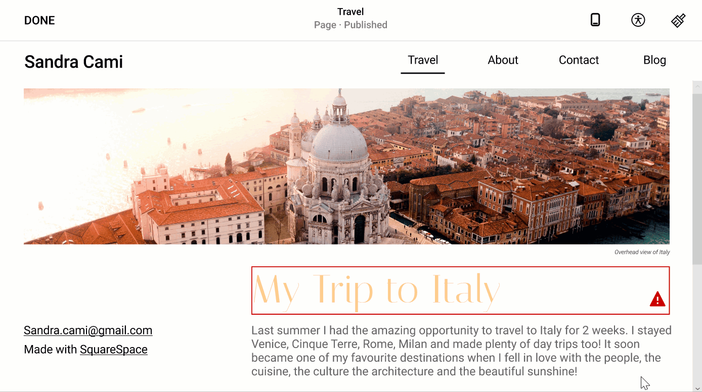 An image showing how the user is alerted to change the low contrast text and directed to color changer