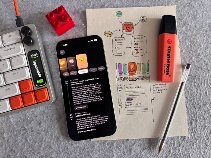 Coded mobile app next to a design done on paper with colorful highlighters