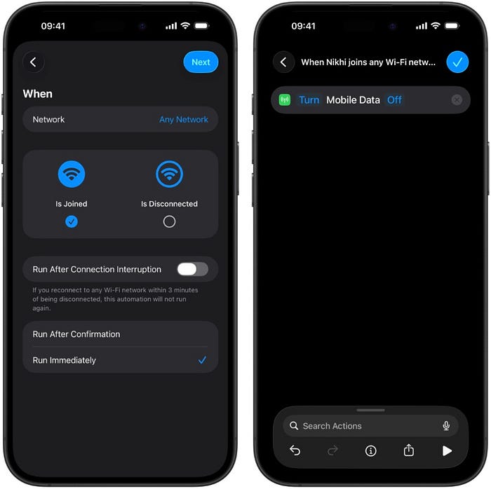 iOS automation that turns off cellular data when Wi-Fi is connected