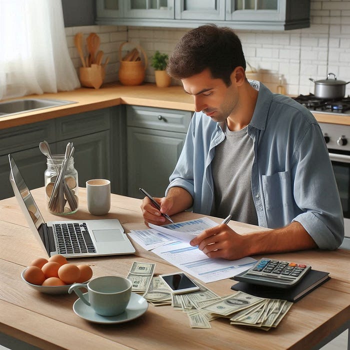 Man sat at kitchen table reviewing personal finances.