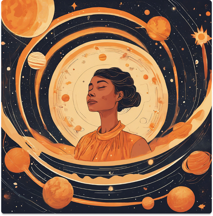 A woman closing her eyes while imagining the solar system floating around her.