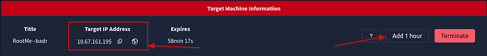 Showing the ‘Target Machine Information’ box and where to find the target IP, time left, add 1 hour, and terminate box