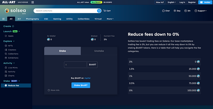 A screenshot of SolSea $AART staking page with reduced fees after the update