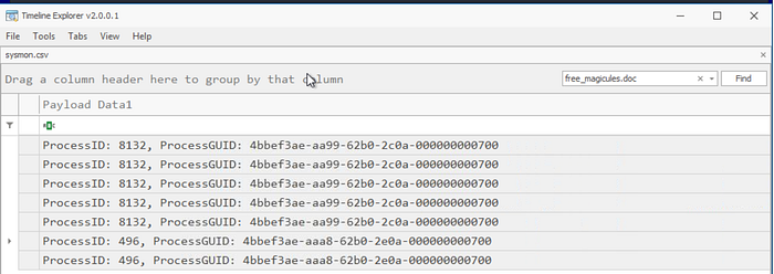 Timeline Explorer PID of 496 for the Word process with free_magicules.doc open.