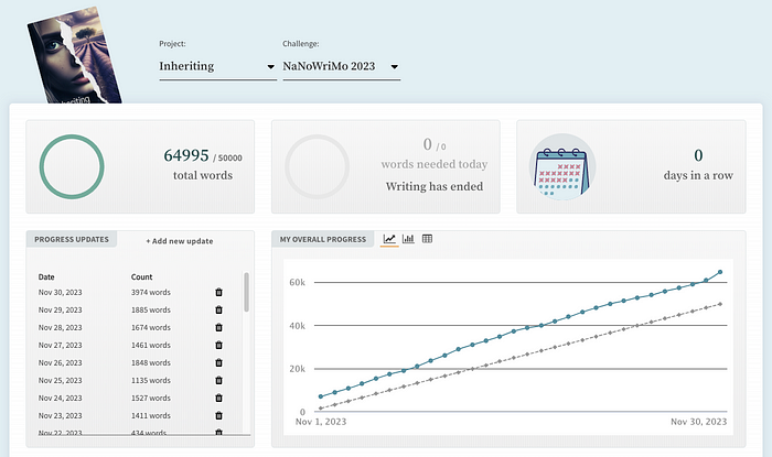 Screenshot taken by author: My NaNoWriMo stats for November 2023