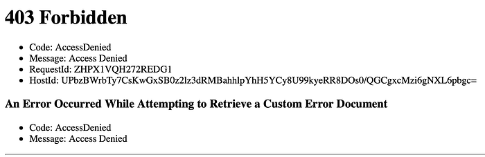 Erro ao tentar acessar o bucket porque ele ainda está sem permissões de visualização.