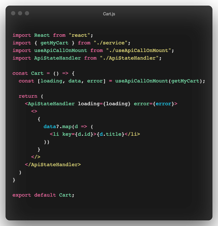 Cart component using ApiStateHandler component