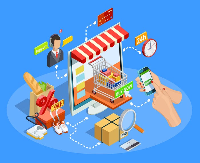 Isometric illustration poster with shopping e-commerce concept. There is n illustration of a shopping cart coming out from a monitor. Surrounding the monitor illustration, there are items related online shopping, including various products, 24/7 support team avatar, a credit card, a clock with 24h sign, and hands tabbing “order” button on the phone.