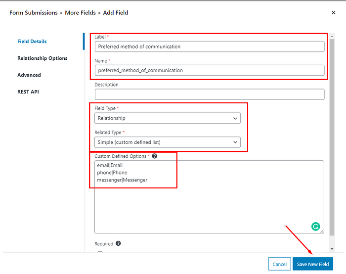 radio field in pods cpt
