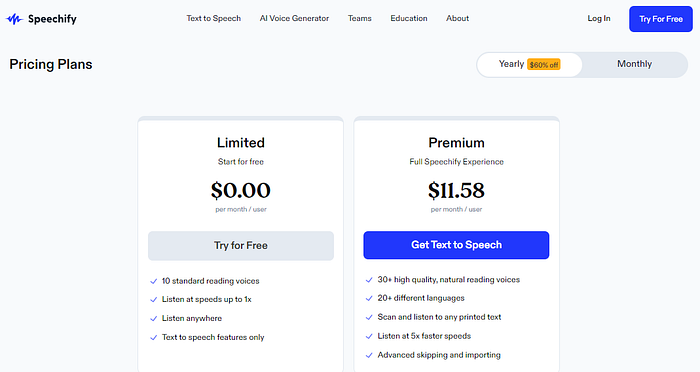 Speechify Pricing Plans