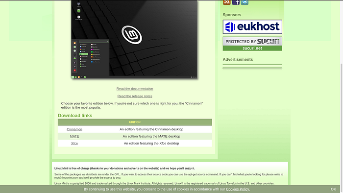 Site do Linux Mint — página de download — 2