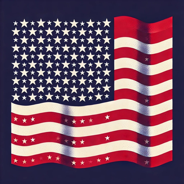 A United States flag showing about 160 stars. Some of the stars are embedded in the stripes.
