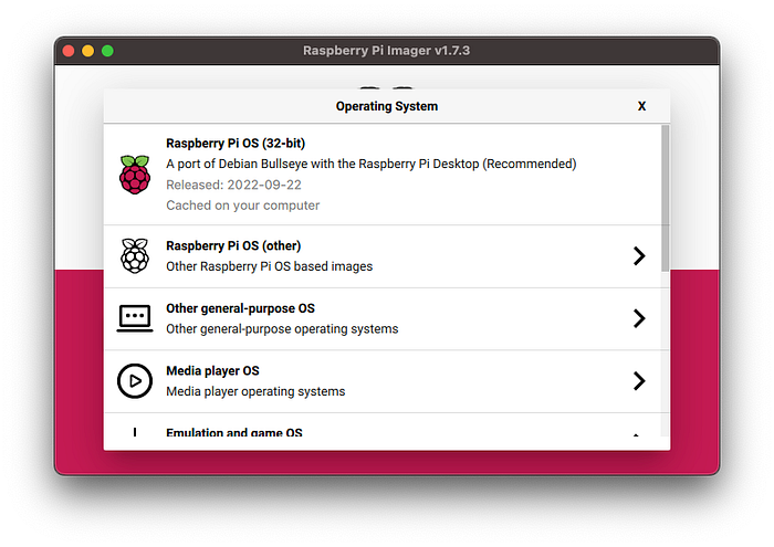 Screenshot of the Operating System selection menu