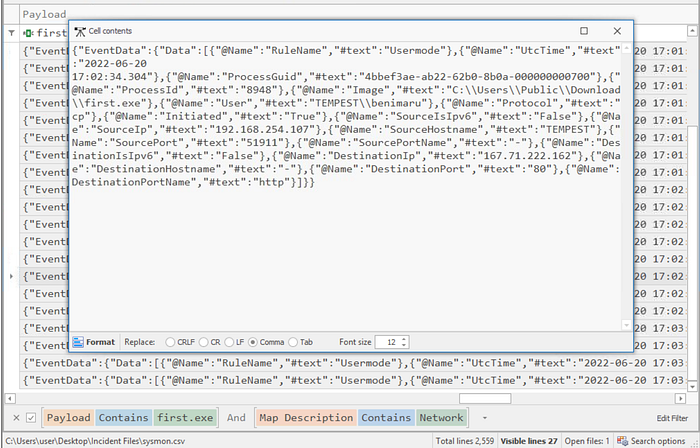 Timeline Explorer showing a network connection event to suspicious IP on destination port 80.