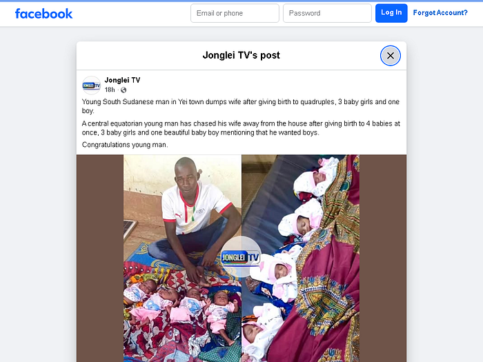 A screenshot of the Facebook post by Jonglei TV