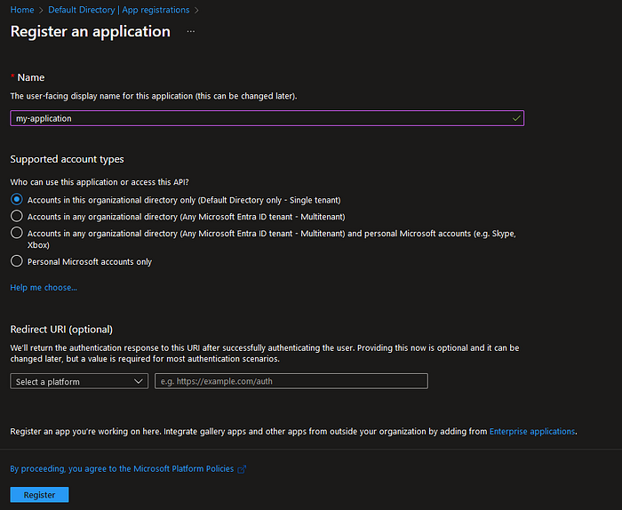 Registering a new application in Azure AD.