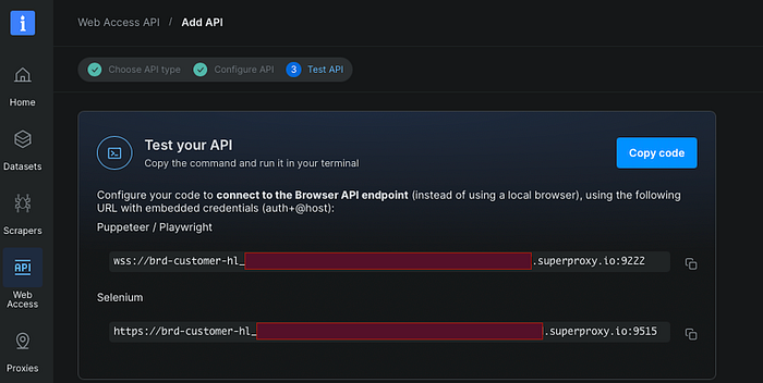 The Browser API setup screen provides a Playwright/Puppeteer-compatible WebSocket endpoint used to attach to a managed remote browser over CDP.