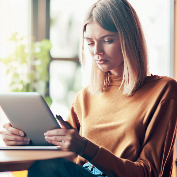 a woman sitting at a table using a tablet.