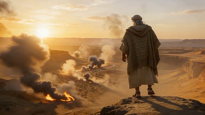 Cinematic biblical image of Abraham standing on a rocky cliff at sunrise, looking across a desert valley filled with smoke and fire after the destruction of Sodom.