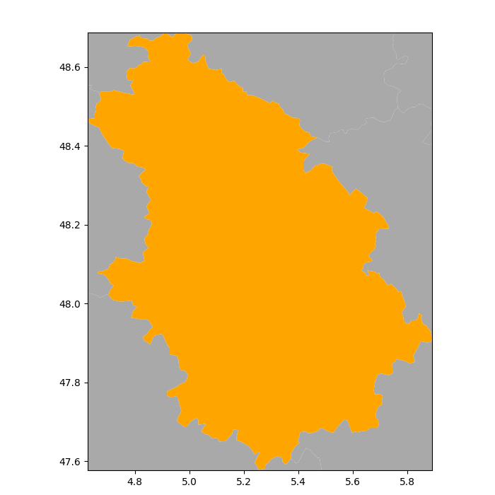 Plot with GeoPandas fit to the bounds of the department. The department Haute-Marne is highlighted for future reference. Image created by author.