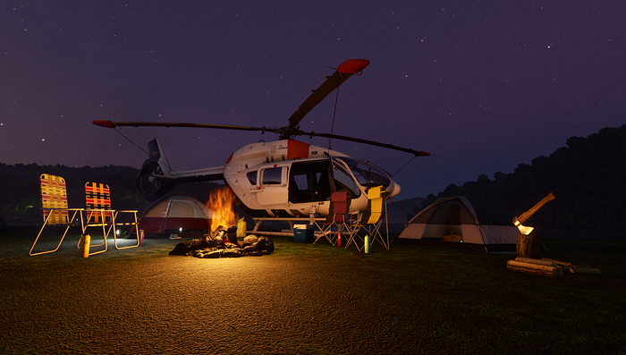 campsite near parked helicopter