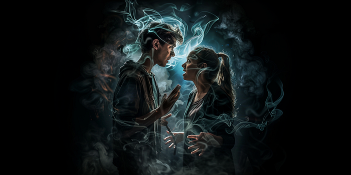 a confused young man and woman standing outside, surrounded by ethereal entity