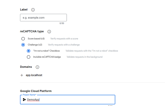 A image displaying admin console of google with checkboxes selection for v2 and v3 version along with input fileds like Domain name and Project name