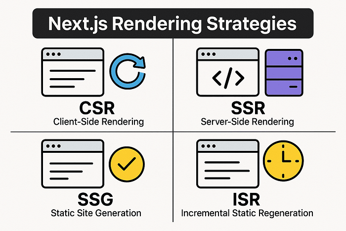 Diagram comparing four Next.js rendering strategies in a quadrant layout: CSR (Client-Side Rendering) with refresh icon, SSR (Server-Side Rendering) with code and server icons, SSG (Static Site Generation) with checkmark icon, and ISR (Incremental Static Regeneration) with clock icon. Each section includes a browser window illustration and explanatory text