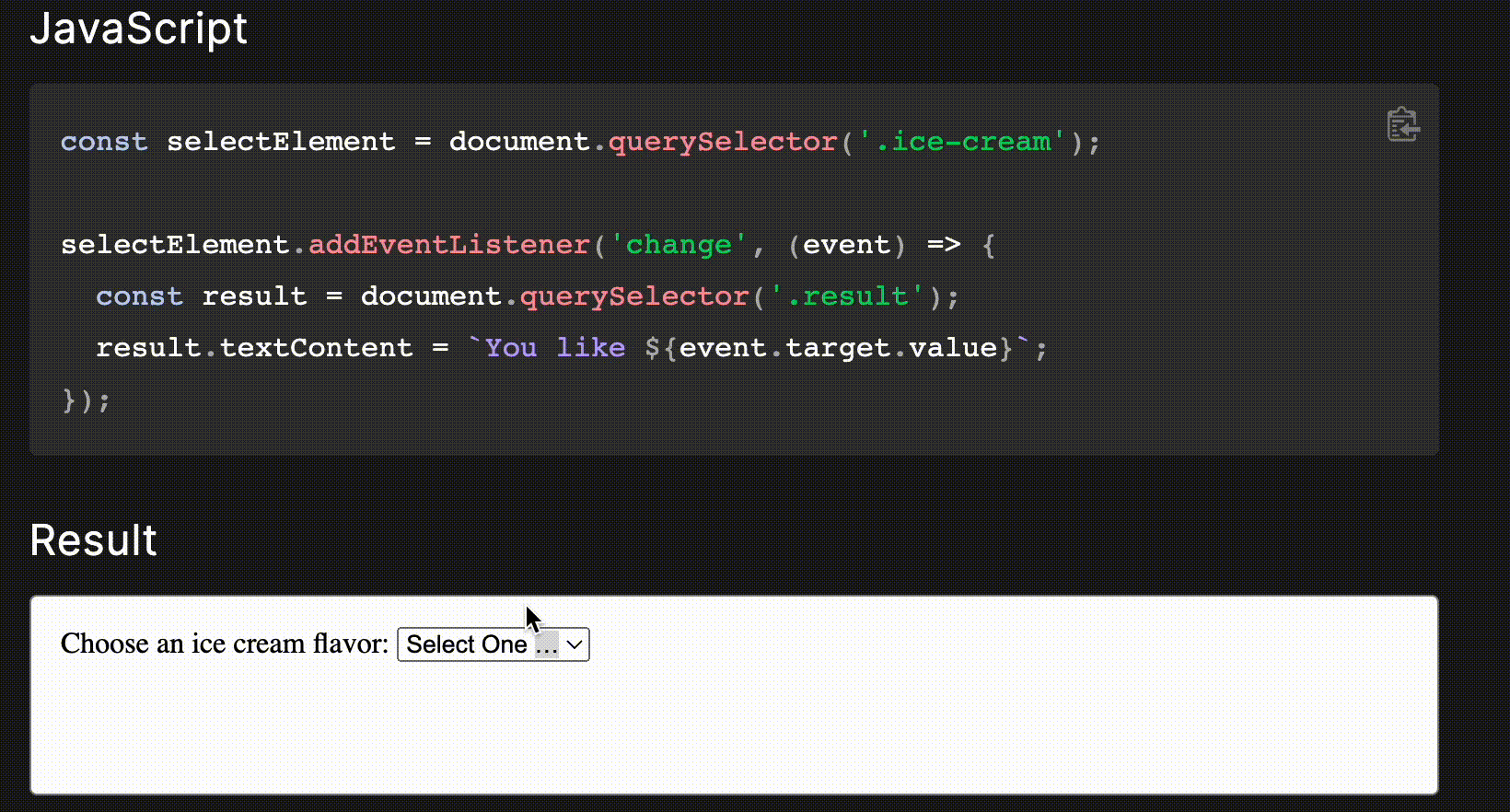 GIF of what the ‘change’ event listener does
