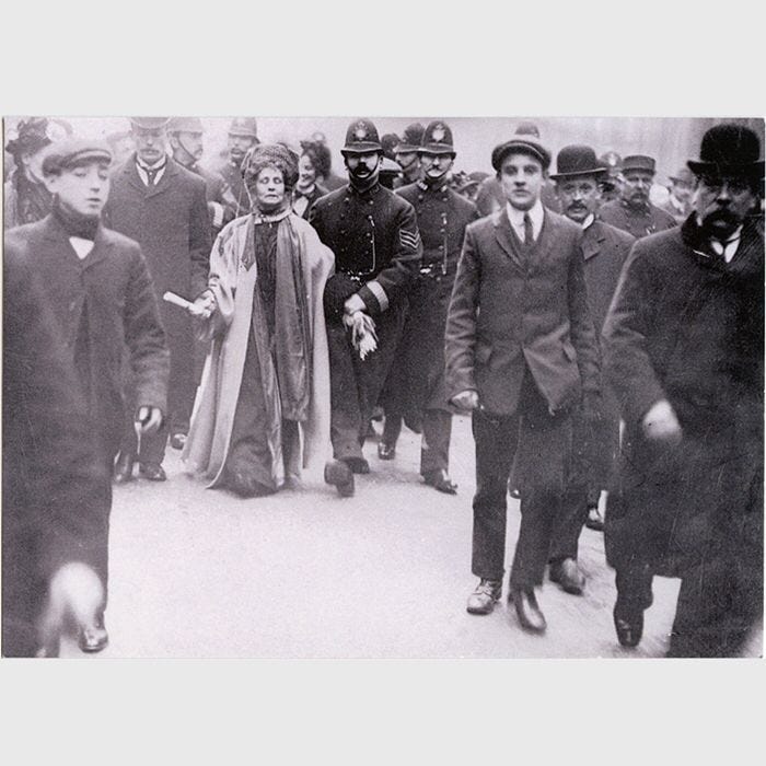 Emmeline Pankhurst arrested in London, 1908 (Wikimedia Commons)