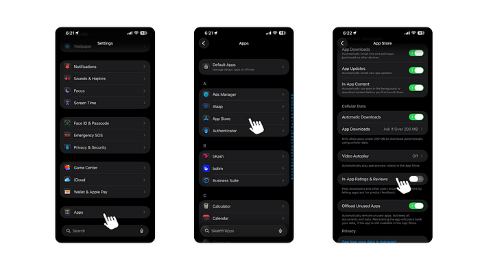 The App Store settings menu on an iPhone showing the In-App Ratings & Reviews toggle disabled to prevent annoying review requests.