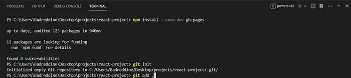 In the terminal, Add all the files in your project to the Git repository