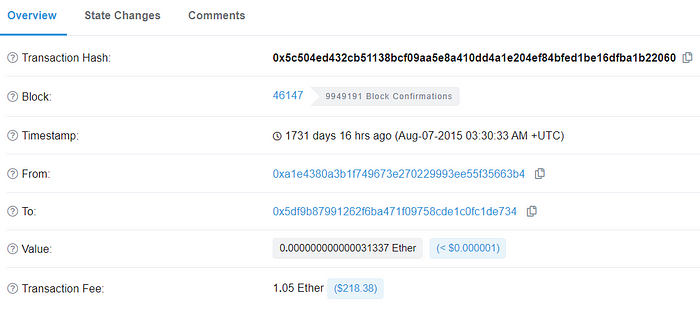 First manual transaction on the Ethereum network. Source: etherscan.io