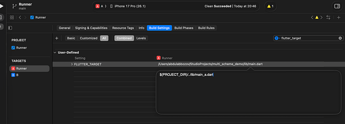 expected FLUTTER_TARGET value for default Runner target