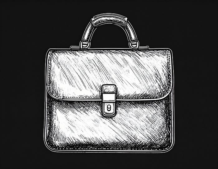 Fundo preto e desenho com giz branco de uma maleta de trabalho. Fim da descrição.