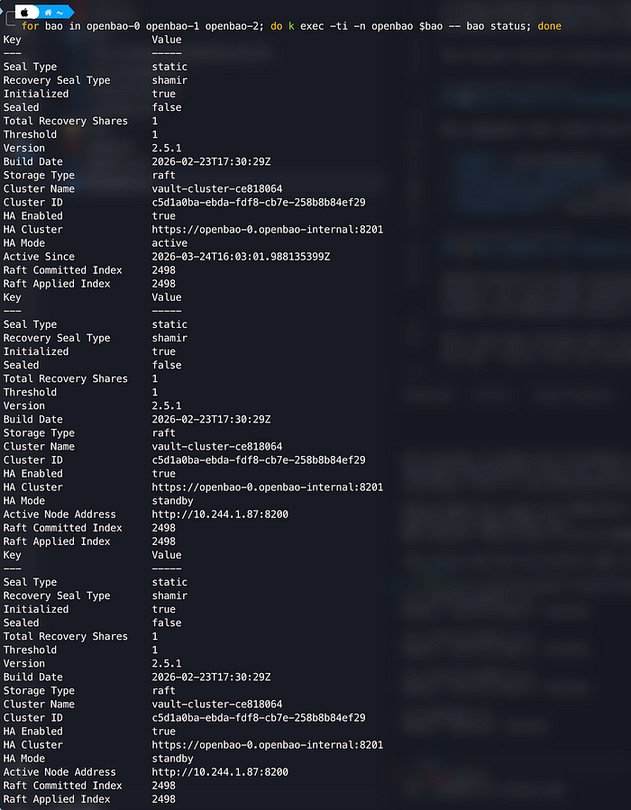 bao status: “All three nodes unsealed — auto-unseal via static key, no manual intervention needed.