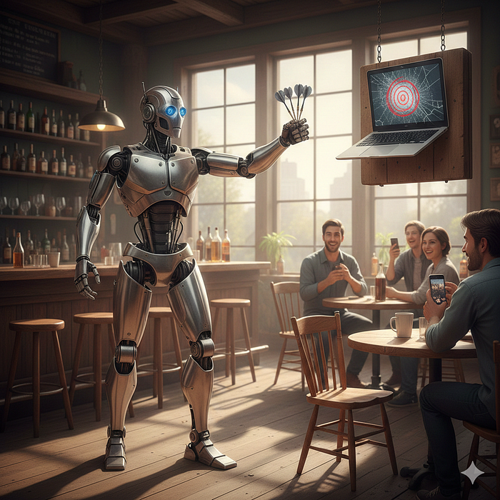 Image 4: A robot playing darts with a laptop as bullseye in a bar in daylight