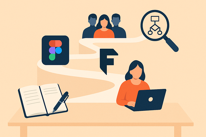 An illustration of a winding path with icons: a notebook and pen, Figma and Framer logos, a group of people, and a magnifying glass over a flowchart, symbolizing a designer’s learning journey.