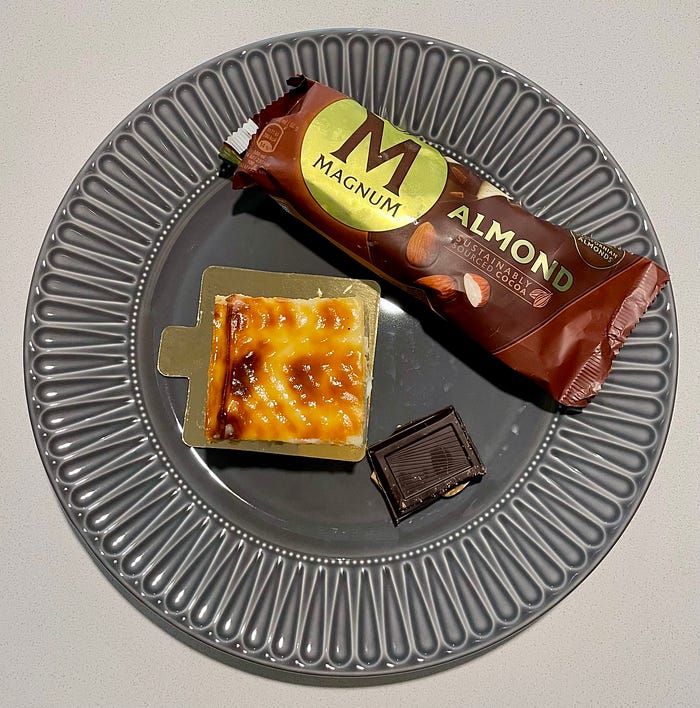 My current three dessert tier: Cheesecake, Magnum almond stick, and 72% dark chocolate with almonds. How I’ve managed to control my sugar cravings since I completed my 30-day no-sugar challenge